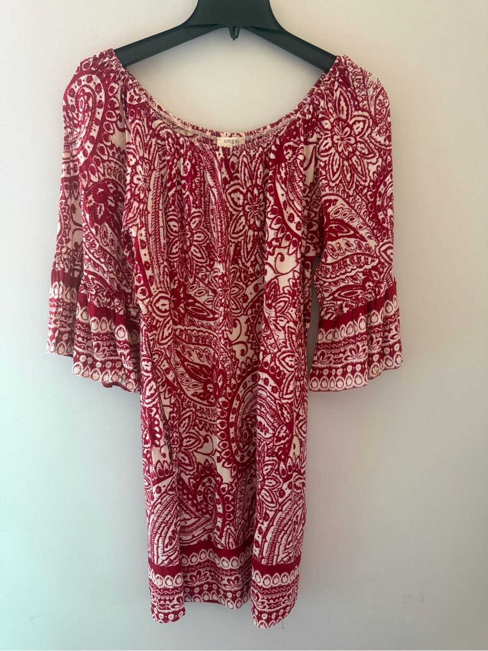 Umgee Red Paisley Off-Shoulder Boho Hippie Bell sleeves  dress W/ pockets size M